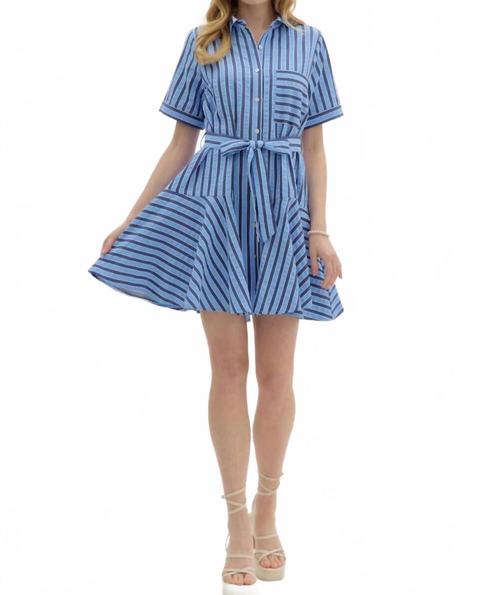NEW ENTRO front button mini dress in blue and navy stripe